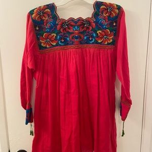 Hot pink Spanish long sleeve embroided dress